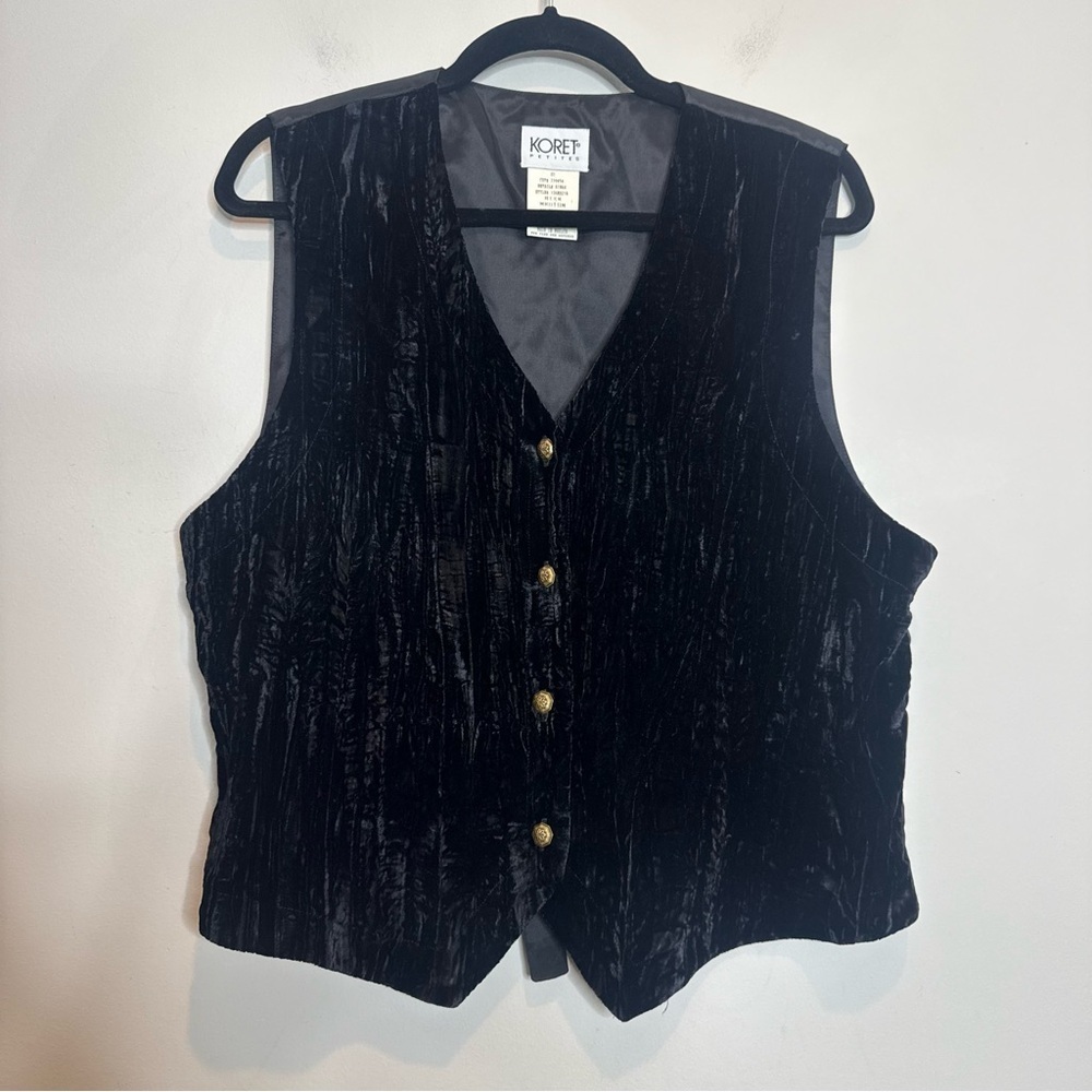 Vintage Koret Black Velvet Button Front Vest Women’s Medium Dark Academia